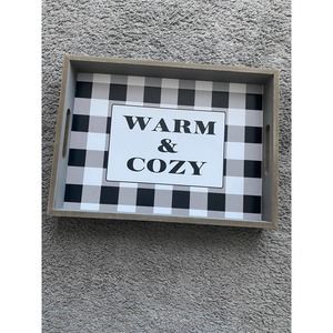 Decorative tray w/ black/white check pattern & "warm & cozy", 15 in x 11 in